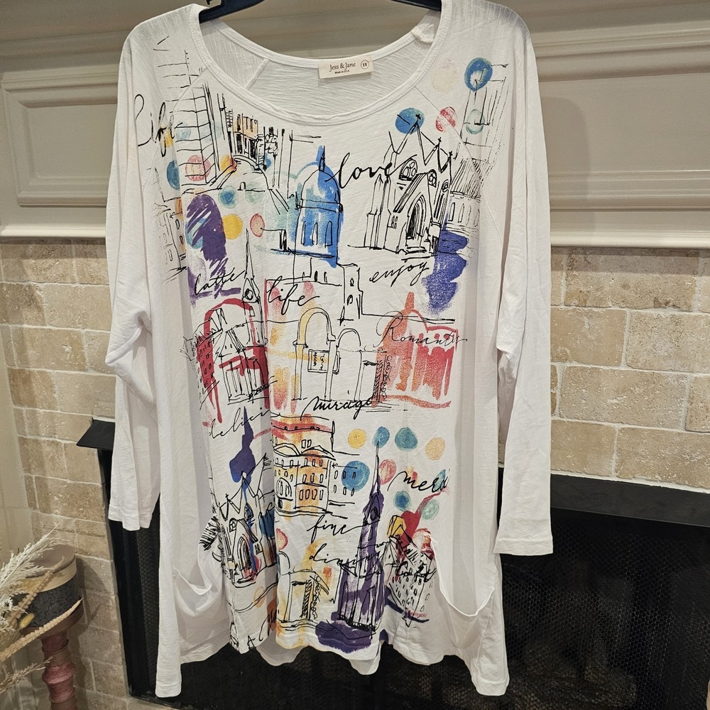 Jess & Jane Mineral Wash 1XL Tunic City Scene Pockets